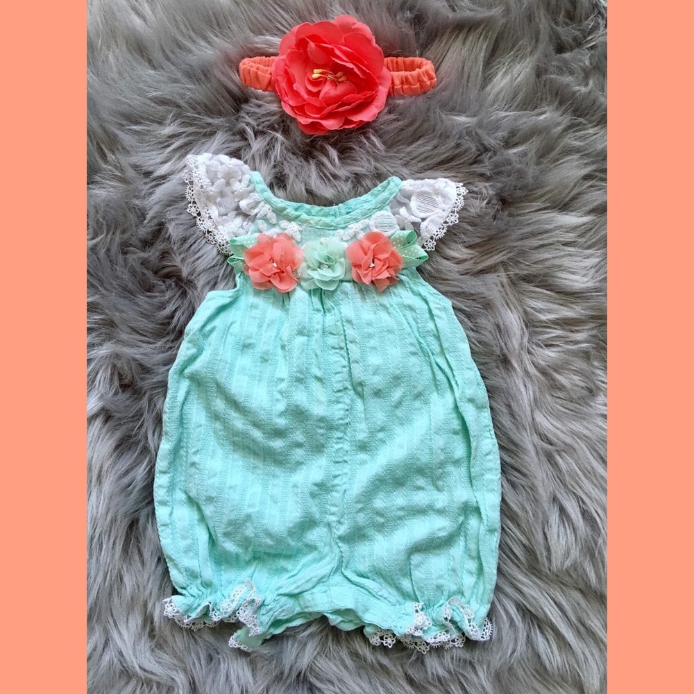 Mint Romper w/ Lace accent sleeves